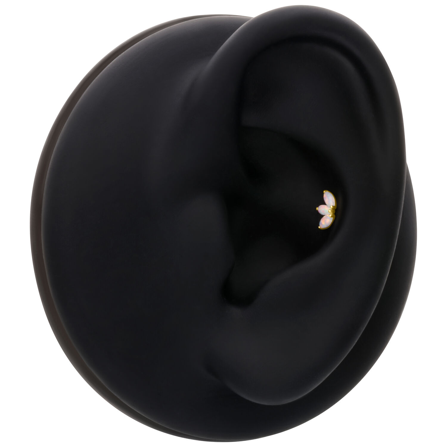 Embout Lotus-Opale en Or 14K pour Piercings Embout Lotus en or avec opale synthétique sur modèle d'oreille noire