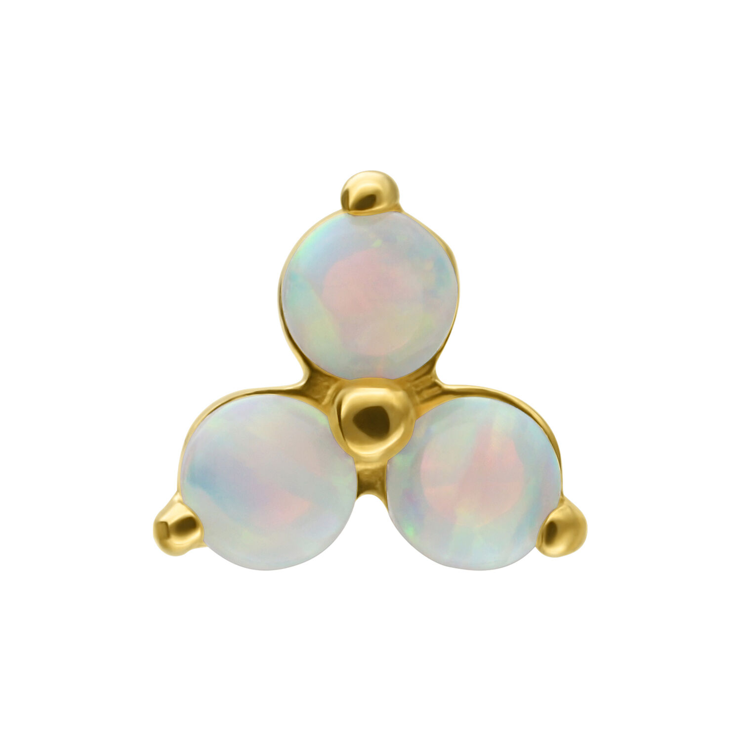 14K Or Trinity Opale Embout Embout doré avec trois opales synthétiques rondes sur fond blanc
