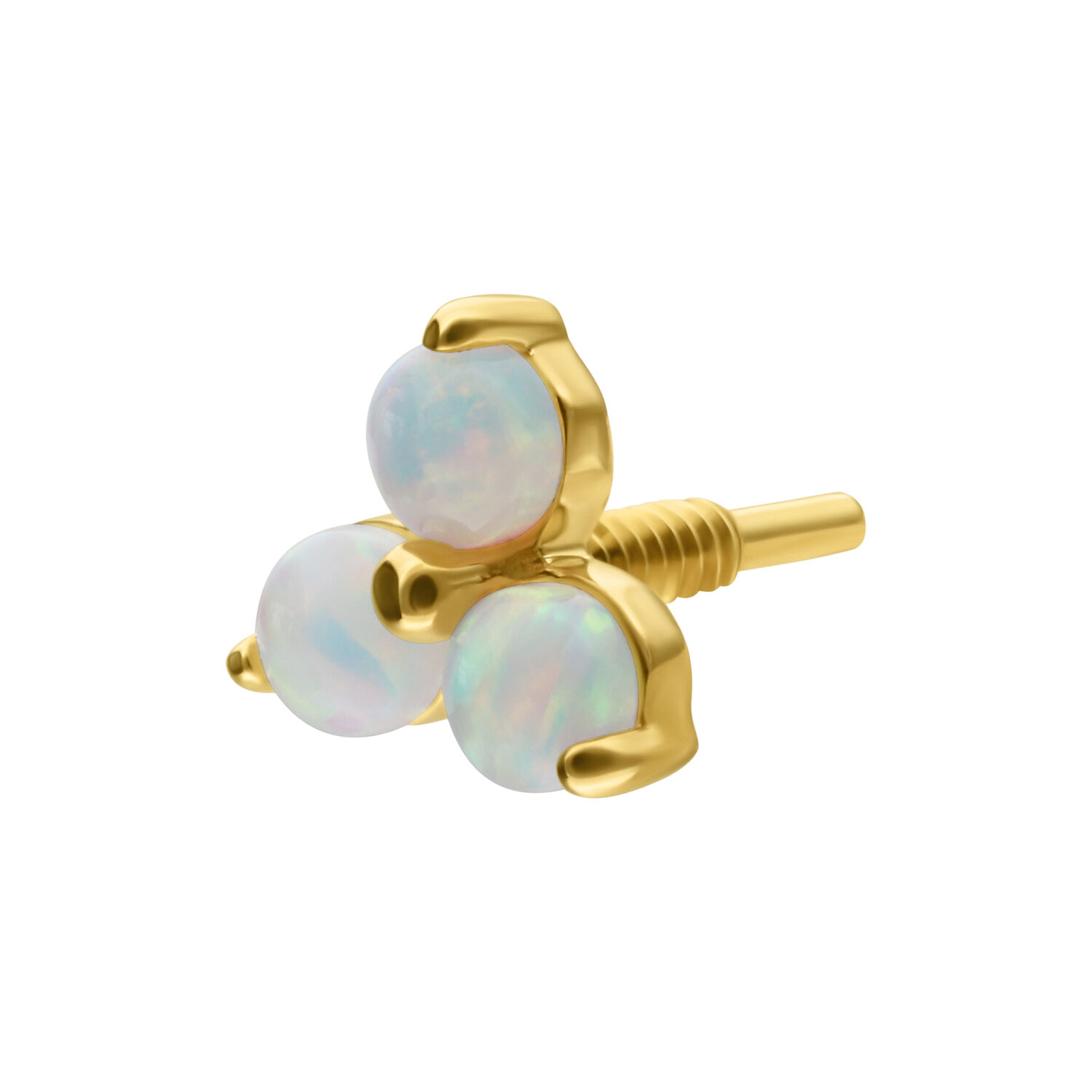 14K Or Trinity Opale Embout pour Piercings Embout en or avec trois opales synthétiques sur fond blanc