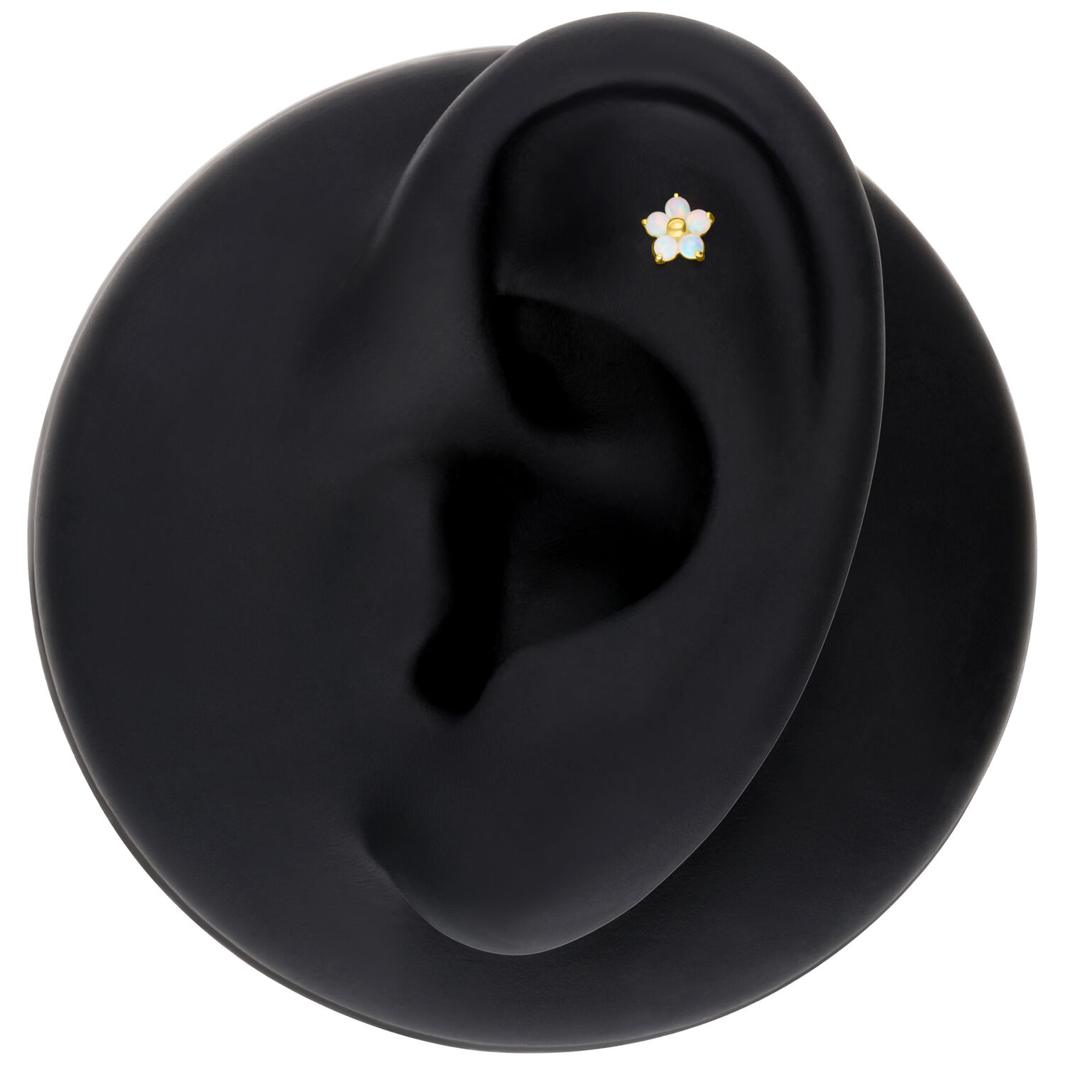 Embout Fleur en Or 14K avec Opale Embout en or 14K en forme de fleur avec opale synthétique sur modèle d'oreille noir