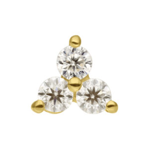 Embout Trinity en or 14K avec trois pierres de moissanite sur fond blanc