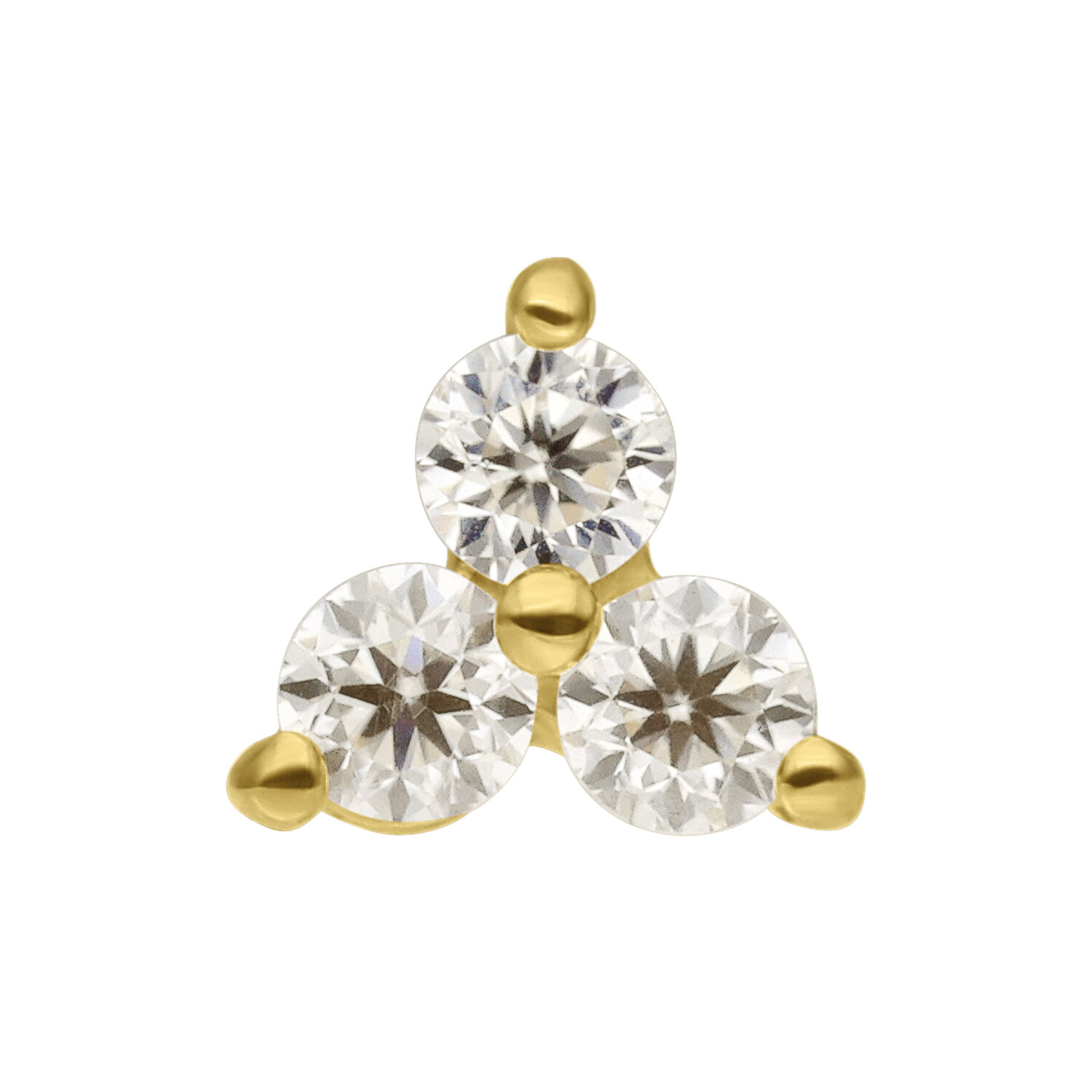 Embout Trinity en or 14K avec moissanite 3,5 mm Embout Trinity en or 14K avec trois pierres de moissanite sur fond blanc