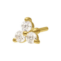 14K Or Moissanite Trinity Embout 3,5mm Embout doré avec trois pierres de moissanite claires sur fond blanc