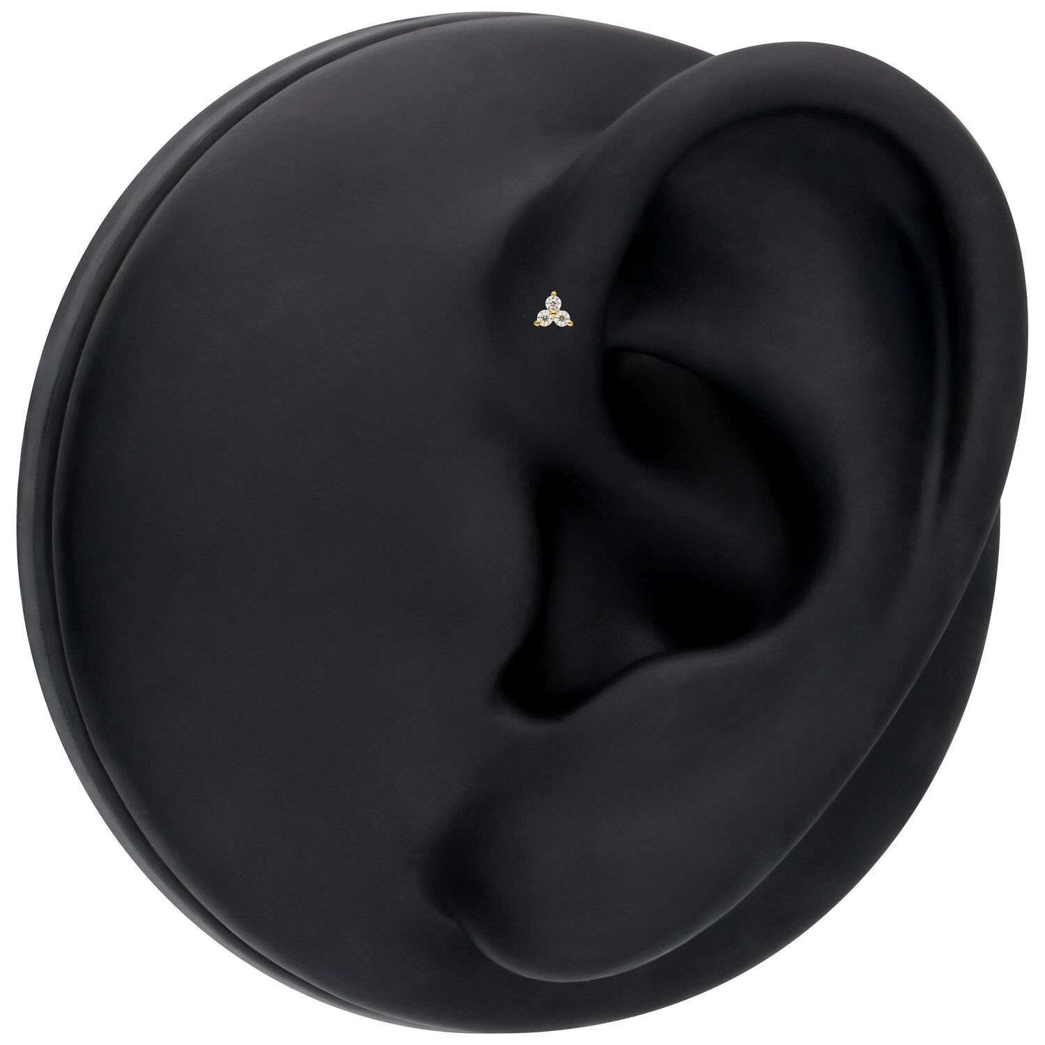 14K Or Moissanite Embout à l'Oreille Embout Trinity en 14K Or avec Moissanite sur modèle d'oreille noire