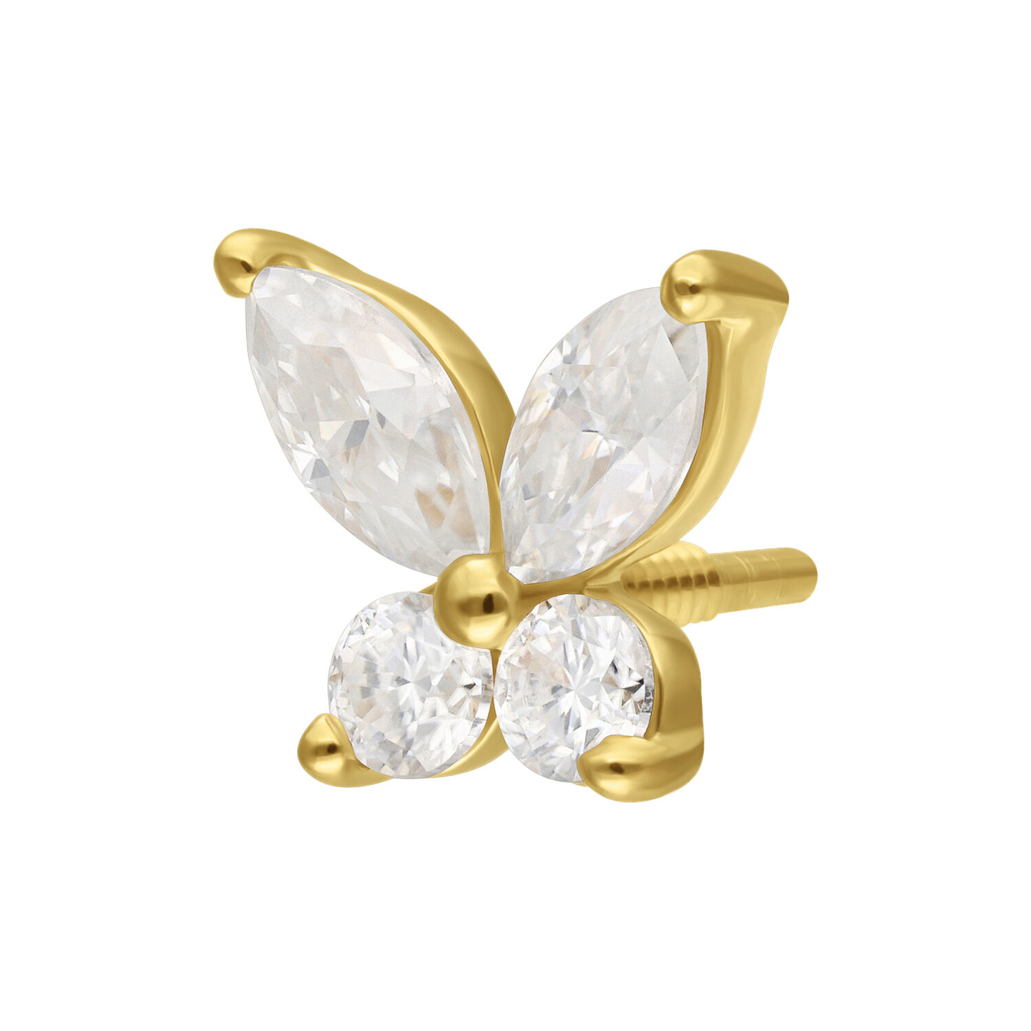 Embout papillon en or 14K avec moissanite Embout papillon doré avec pierres de moissanite scintillantes sur fond blanc