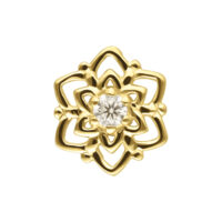 Embout Fleur en Or 14K avec Moissanite pour Filetage Interne Embout bijou doré en forme de fleur avec moissanite sur fond blanc
