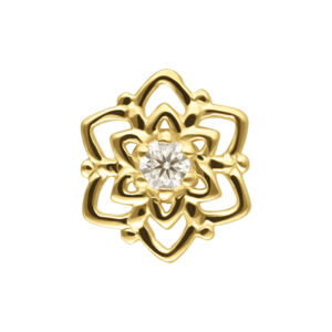 Embout bijou doré en forme de fleur avec moissanite sur fond blanc