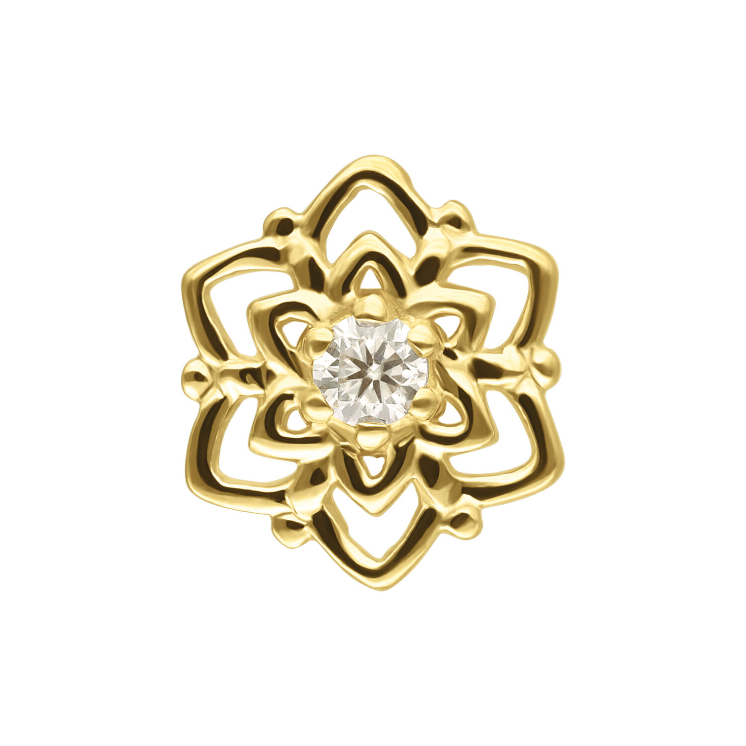 Embout Fleur en Or 14K avec Moissanite pour Filetage Interne Embout bijou doré en forme de fleur avec moissanite sur fond blanc