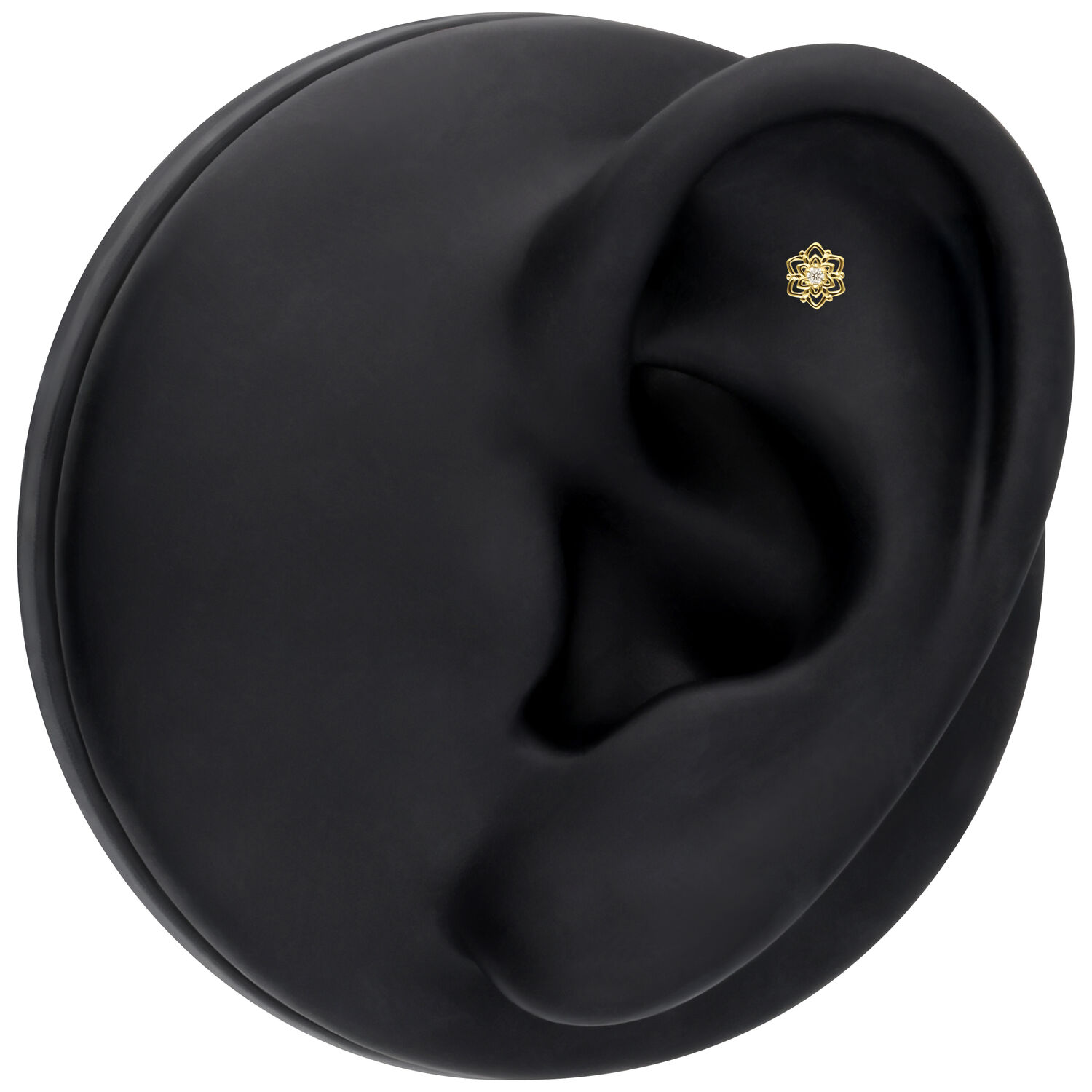 Embout fleur en or 14K avec moissanite pour oreille Embout fleur en or 14K avec moissanite sur modèle d'oreille noir