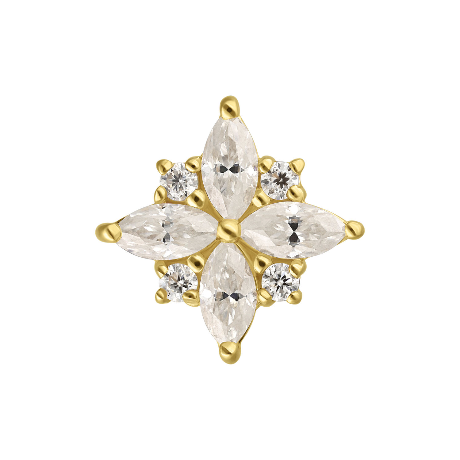 14K Or Moissanite Embout Fleur Embout en or moissanite en forme de fleur sur fond blanc