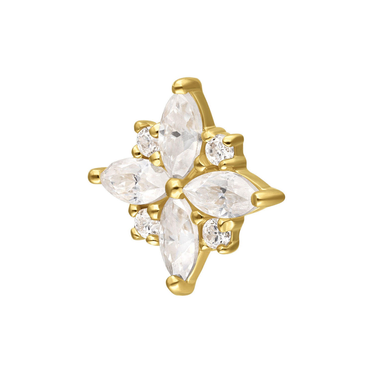 14K or Moissanite embout floral Embout floral en or avec cristaux de moissanite sur fond blanc