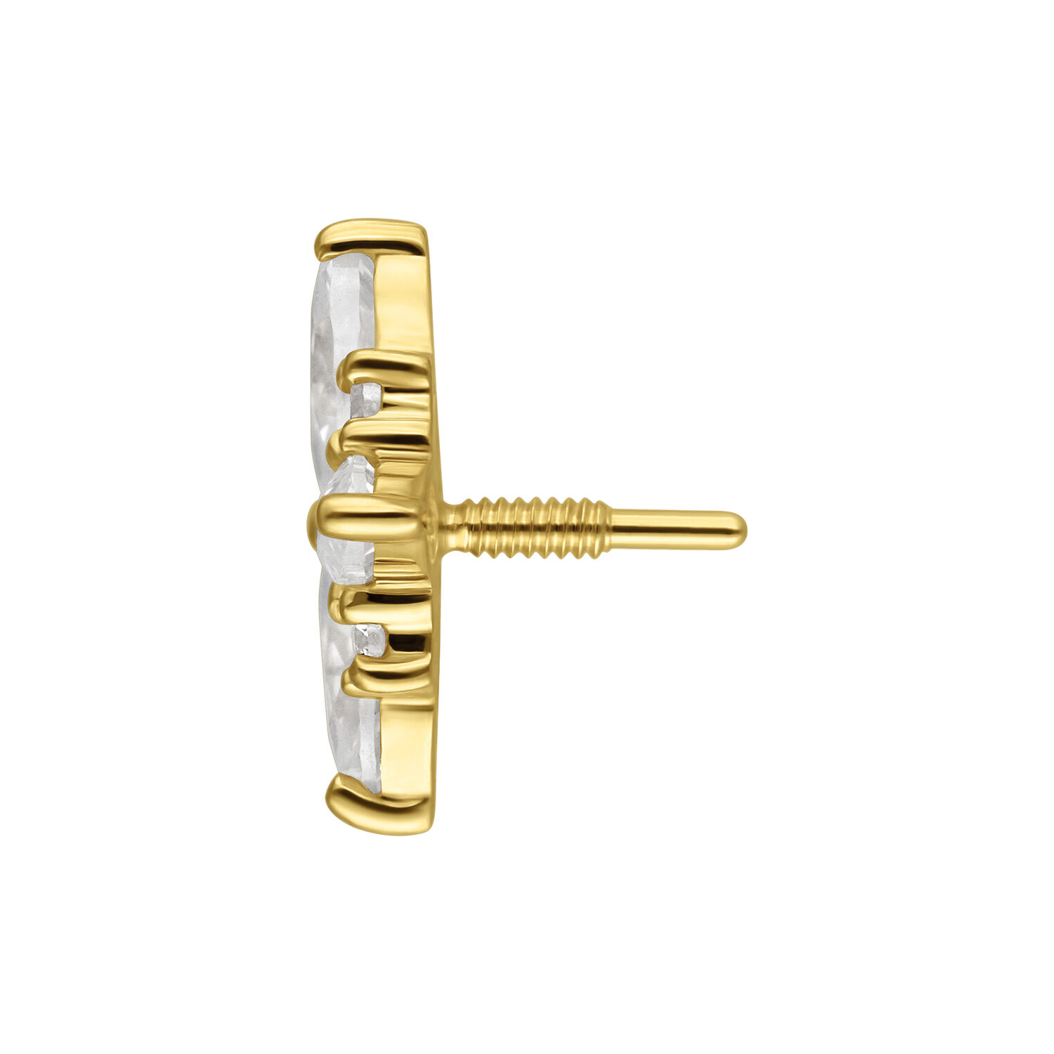 Embout latéral en or 14K avec moissanite Vue latérale d'un embout en or avec moissanite et filetage interne sur fond blanc
