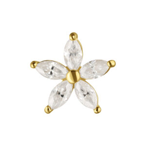 Embout floral doré avec pierres de moissanite claires sur fond blanc