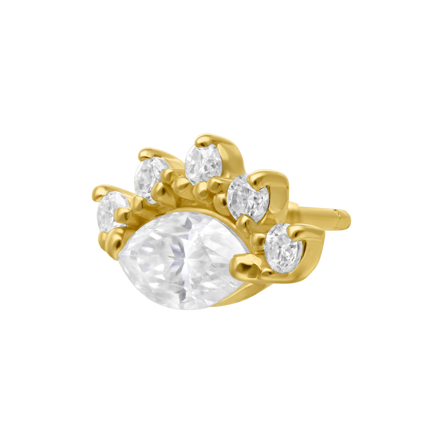 Embout en or 14K avec pierre de moissanite et cinq petites pierres sur fond blanc