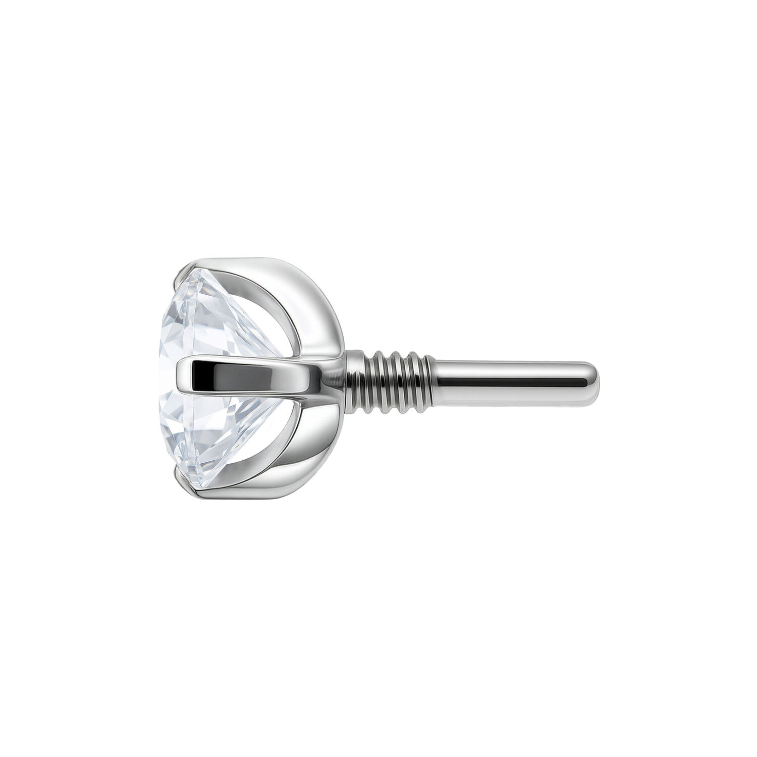 Embout argenté avec cristal clair 2,5 mm Embout de piercing argenté avec cristal clair, vue latérale sur fond blanc