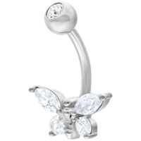 Banane en argent avec papillon en cristal 10mm Banane en argent avec design de papillon en cristal clair sur fond blanc
