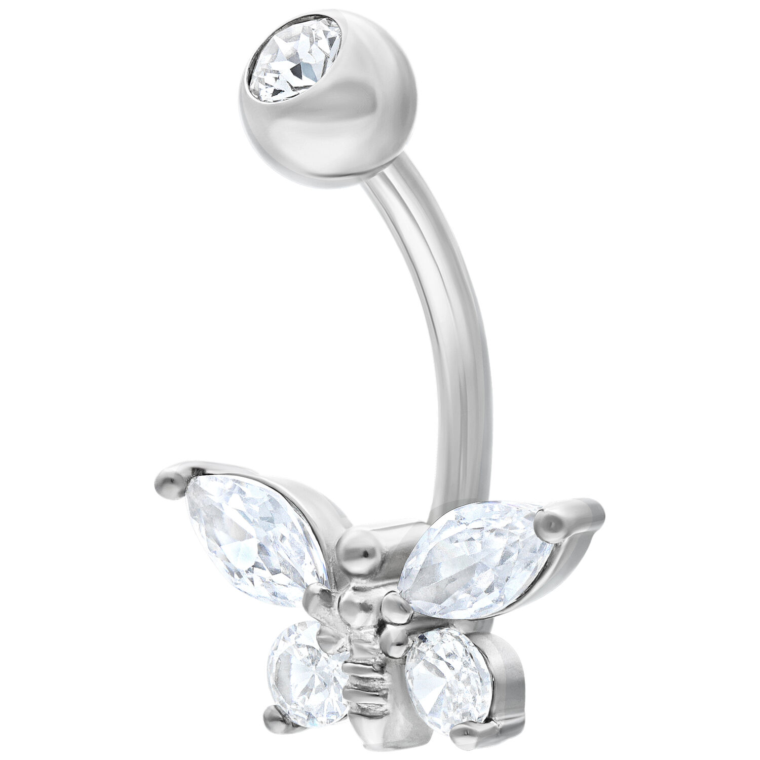 Banane en argent avec papillon en cristal 10mm Banane en argent avec design de papillon en cristal clair sur fond blanc
