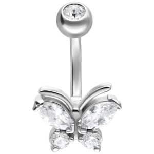 Piercing nombril en argent avec papillon et cristaux clairs sur fond blanc