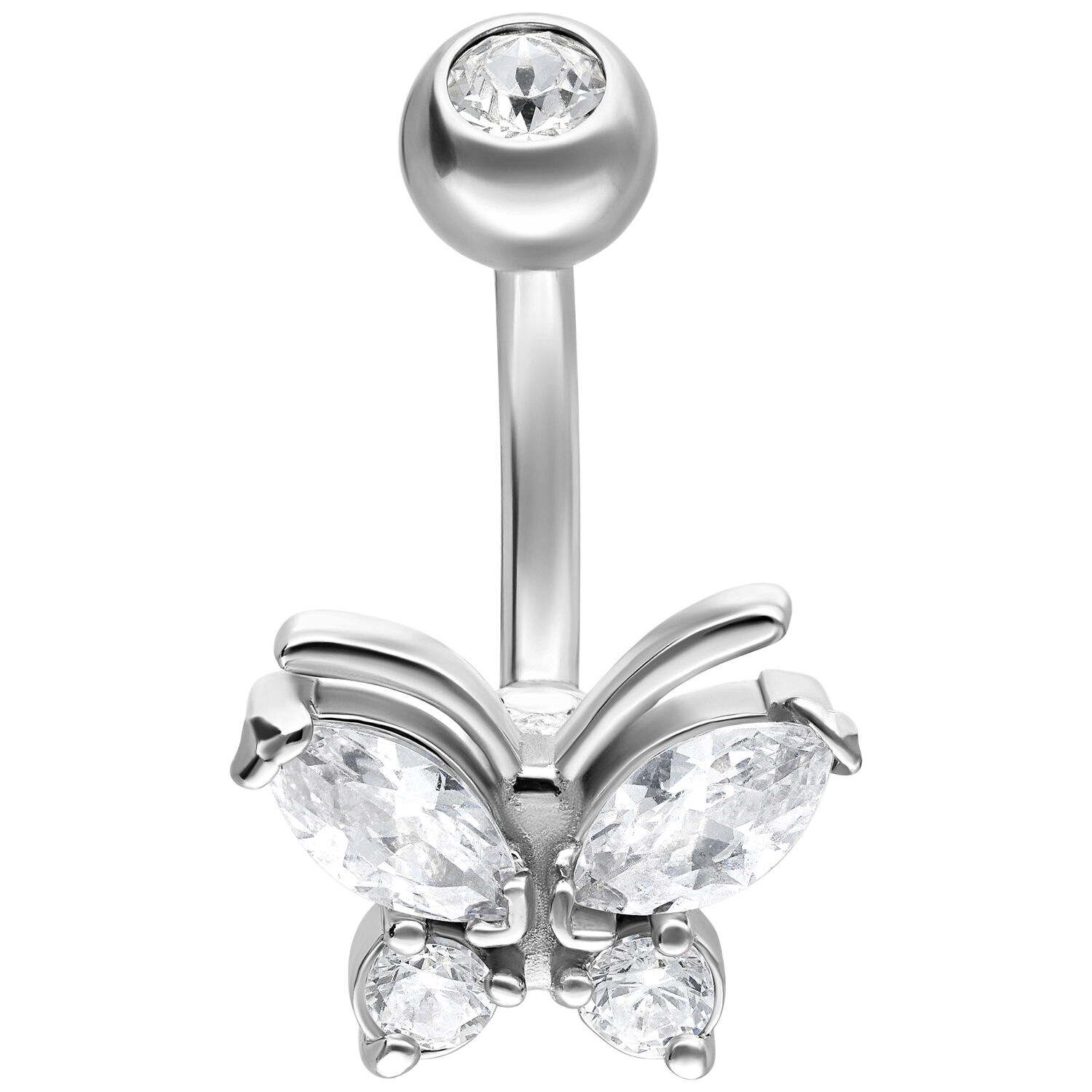 Banane piercing papillon avec cristaux, argent Piercing nombril en argent avec papillon et cristaux clairs sur fond blanc