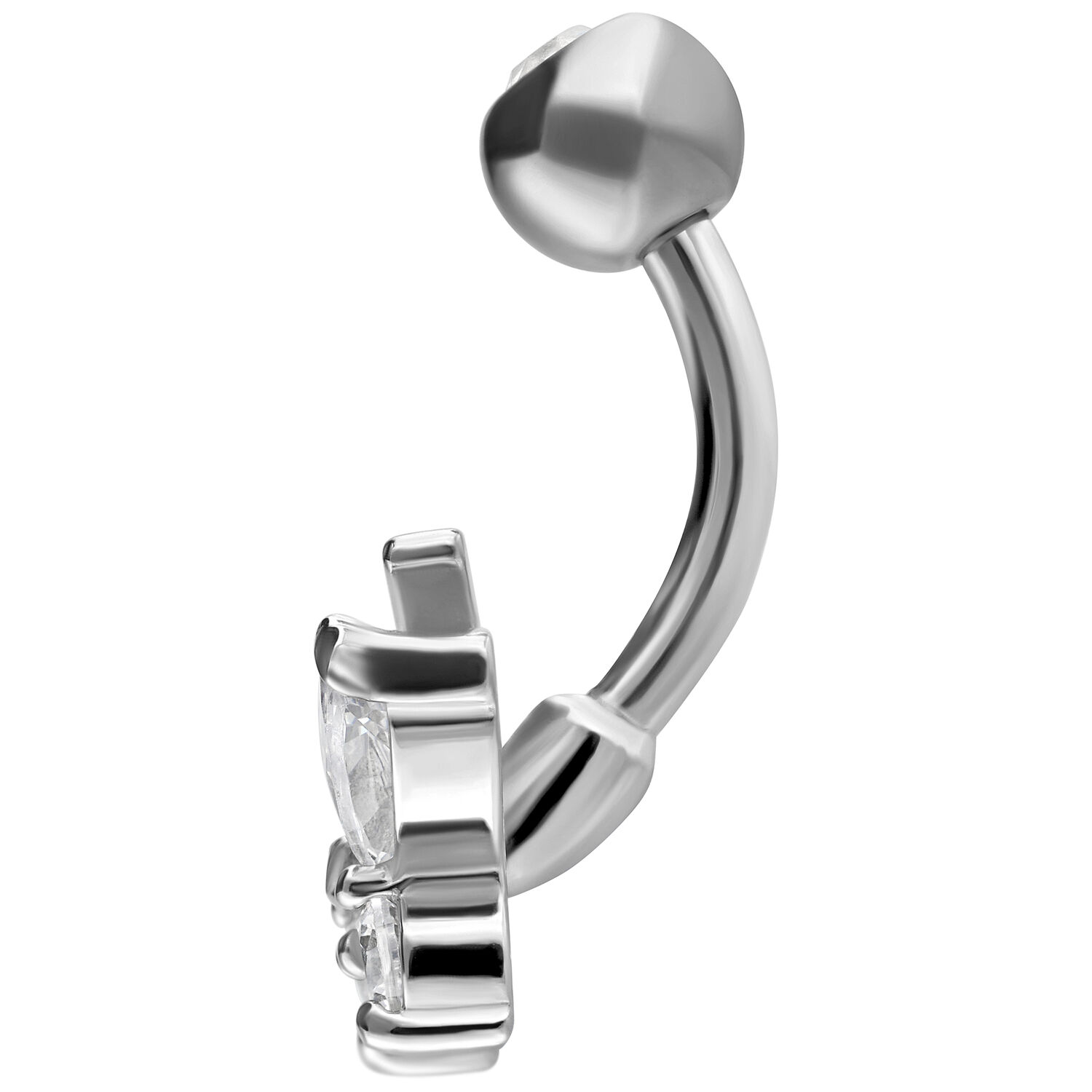 Banane à papillon avec double bijou Banane en argent avec design de papillon et cristaux clairs sur fond blanc