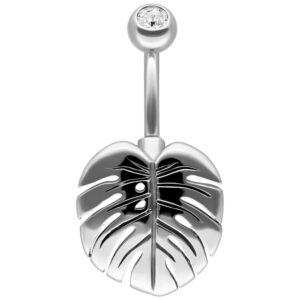 Bananabell en argent avec feuille de Monstera et cristal clair sur fond blanc
