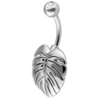 Piercing nombril feuille de Monstera avec cristal Piercing nombril en argent avec feuille de Monstera et cristal clair sur fond blanc