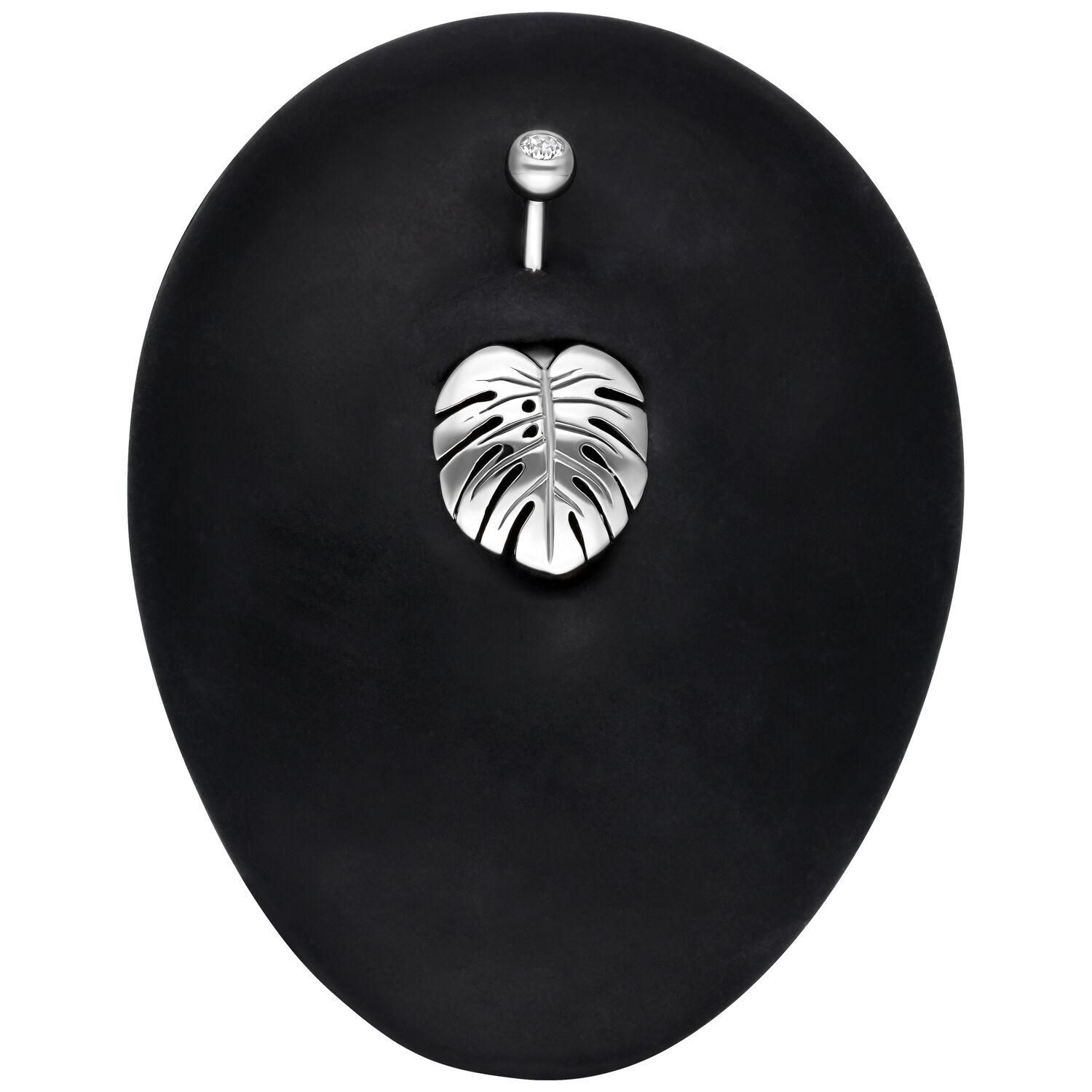 Piercing bananabell feuille de Monstera en argent Piercing bananabell en argent avec design de feuille de Monstera sur fond noir