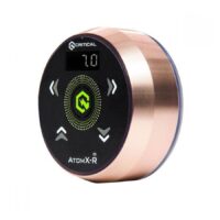 Alimentation Critical Atomxr en or rose Alimentation ronde en or rose avec écran noir sur fond blanc