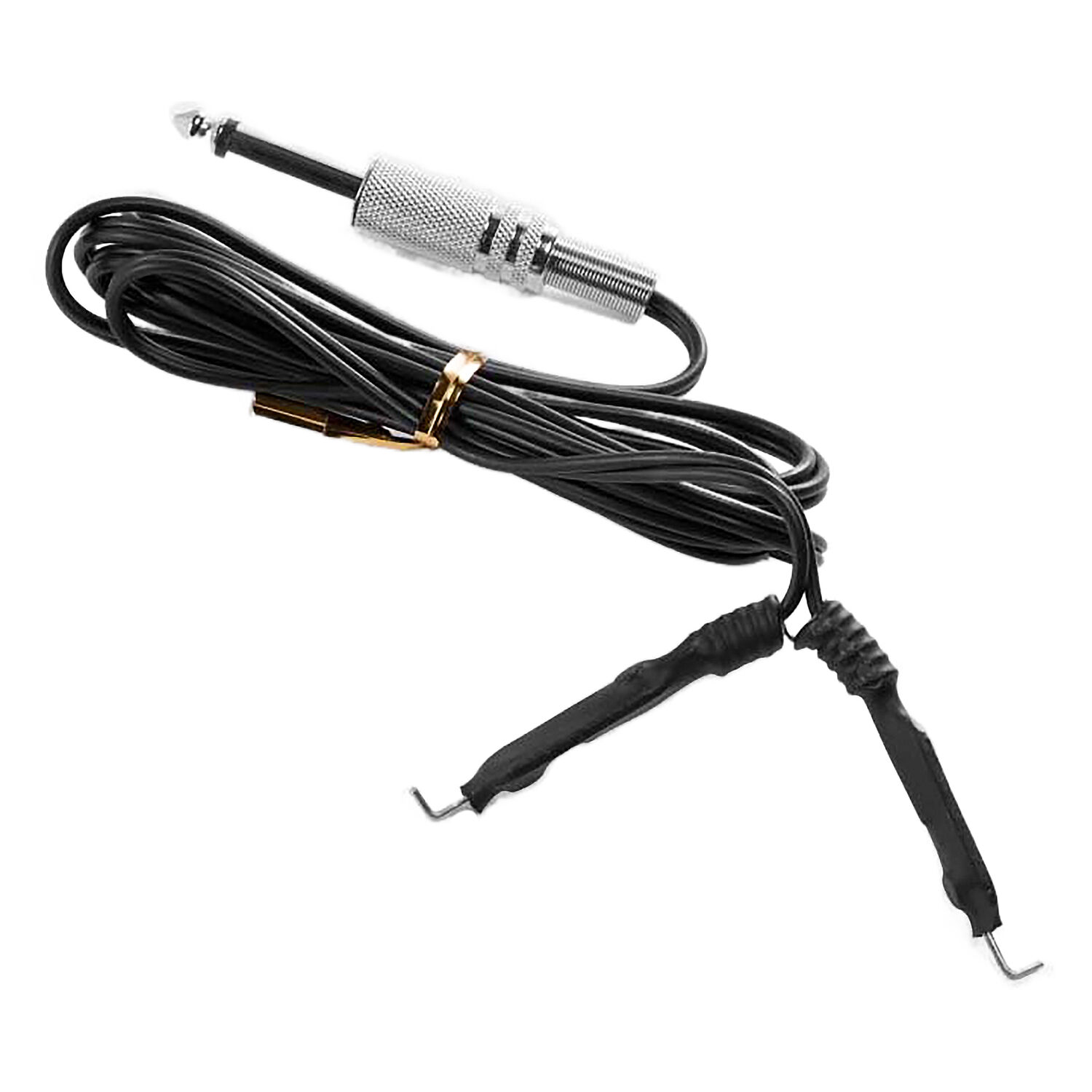 Cordon clip en silicone noir avec connecteur en cuivre sur fond blanc