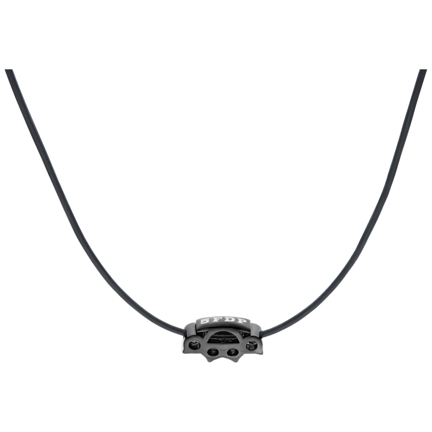 Pendentif 5FDP en cuir et acier Collier en cuir noir avec charm 5FDP en acier chirurgical noir sur fond blanc