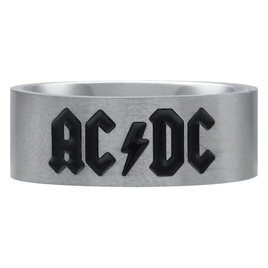 Bague Logo ACDC Argent en Acier Bague argentée avec logo ACDC noir sur fond blanc