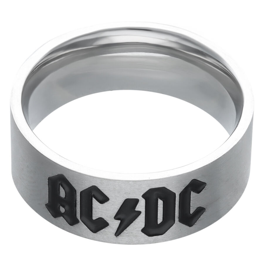 Bague Logo ACDC en acier chirurgical argenté Bague argentée avec logo ACDC noir sur fond blanc