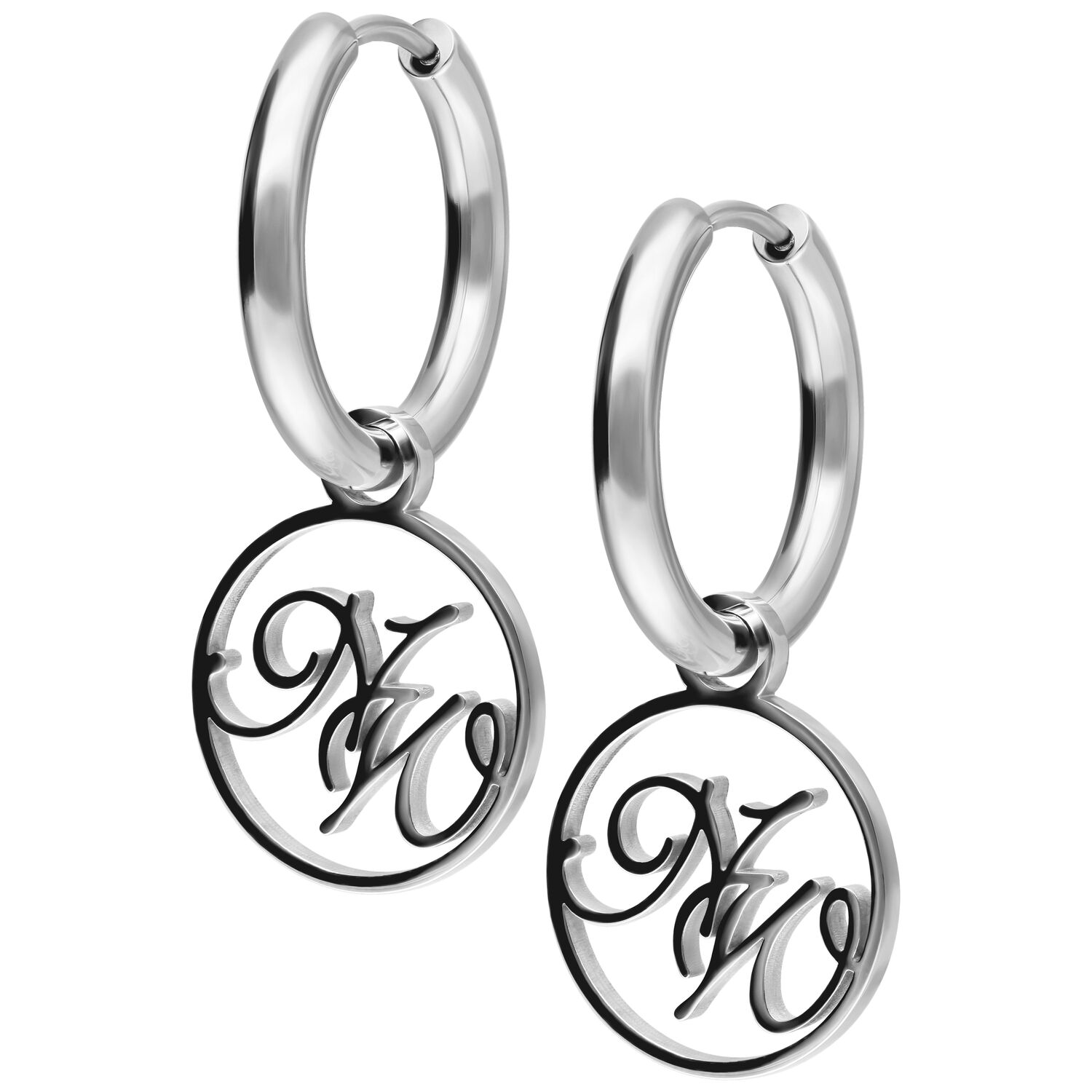 Nightwish Petites Créoles Découpées en Noir et Argent Deux créoles argentées avec pendentif logo Nightwish noir sur fond blanc