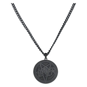 Collier noir en acier chirurgical avec pendentif pentagramme Slayer sur fond blanc