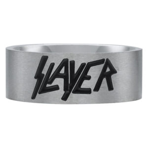 Bague argentée avec logo Slayer noir sur fond blanc