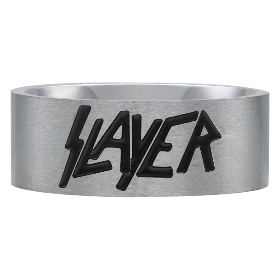 Bague en acier avec logo Slayer argenté Bague argentée avec logo Slayer noir sur fond blanc