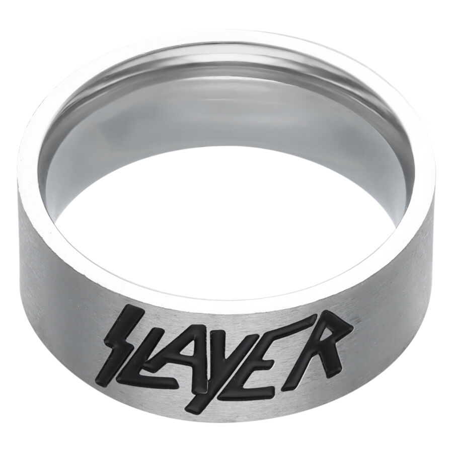 Bague logo Slayer en acier chirurgical argenté Bague argentée avec logo Slayer sur fond blanc