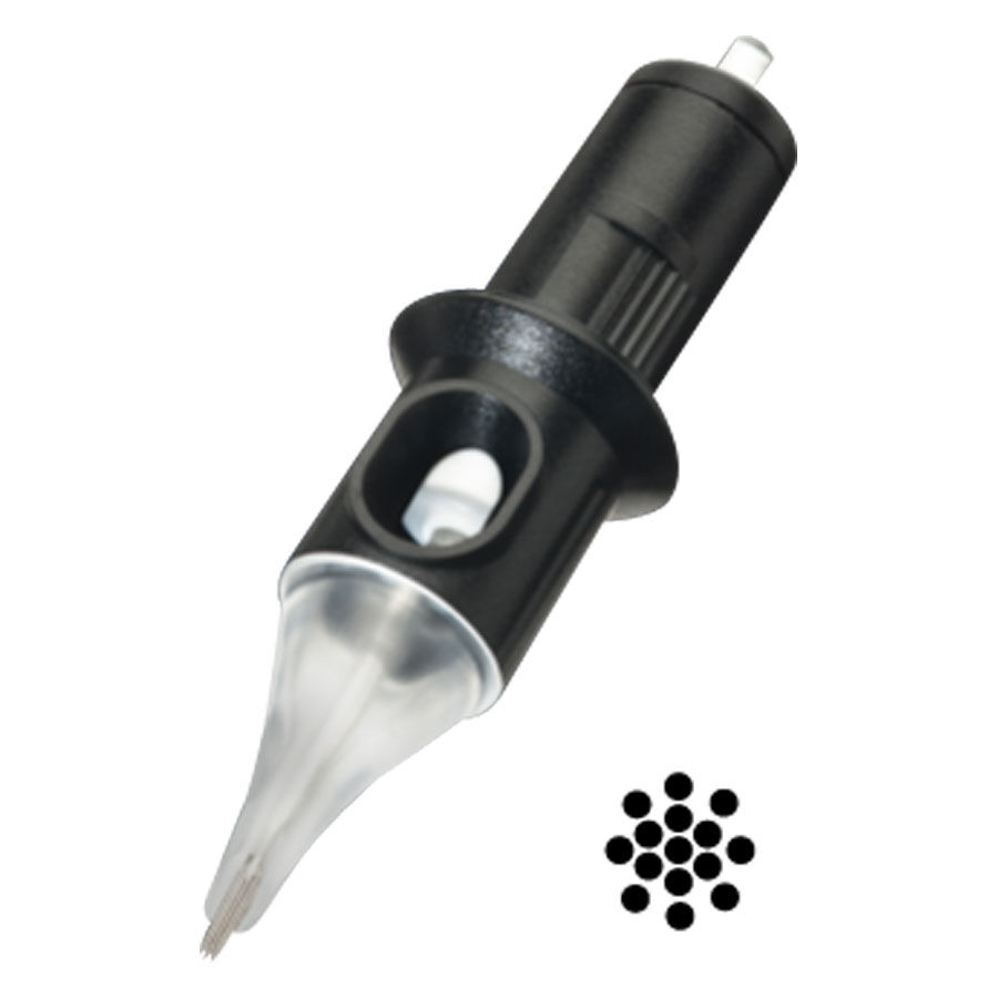 Cheyenne Liner têtes d'aiguilles 10 pcs pour tatoueurs Gros plan d'une tête d'aiguille Cheyenne Liner noire avec une partie en plastique transparent sur fond blanc