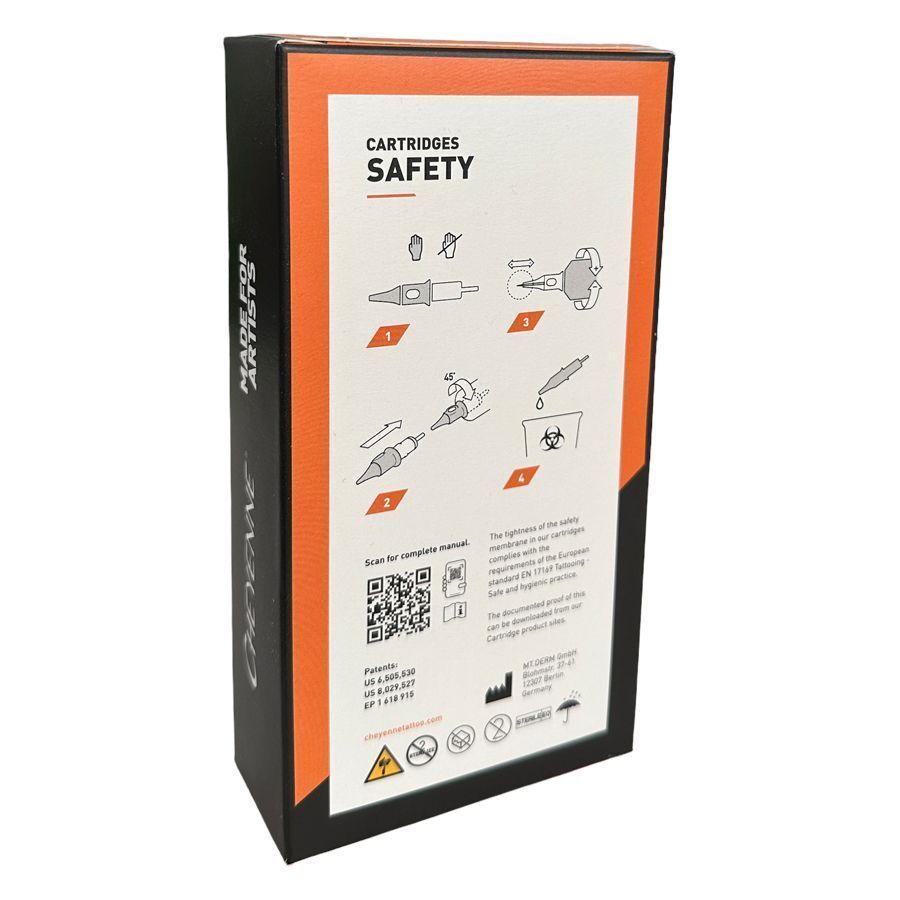 Cheyenne Liner Safety Aiguilles 20 pcs Pack Emballage des aiguilles Cheyenne Liner Safety avec design orange-blanc et consignes de sécurité