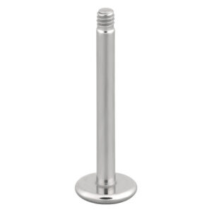 Tige labret argentée avec filetage extérieur en acier chirurgical sur fond blanc