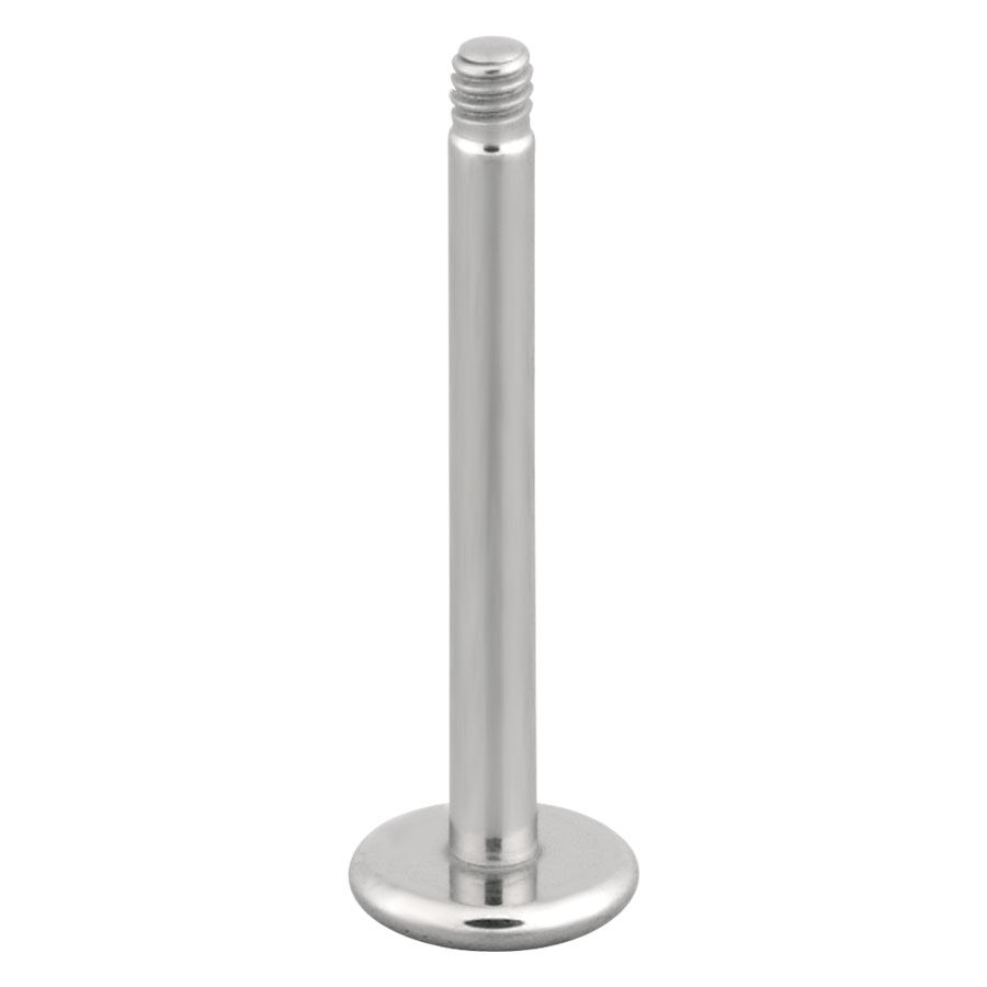 Tige labret argenté en acier chirurgical Tige labret argentée avec filetage extérieur en acier chirurgical sur fond blanc