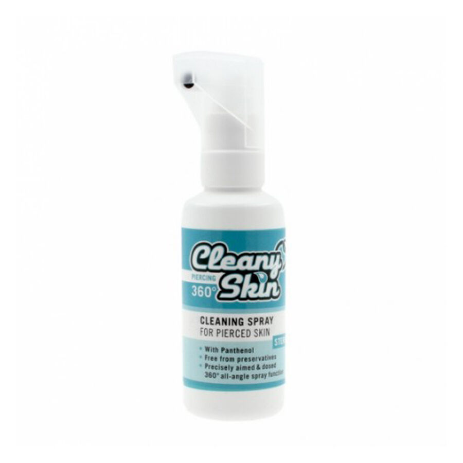 Cleany Skin Piercing Spray 50ml Bouteille blanche de Cleany Skin Piercing Spray avec étiquette bleue sur fond blanc.