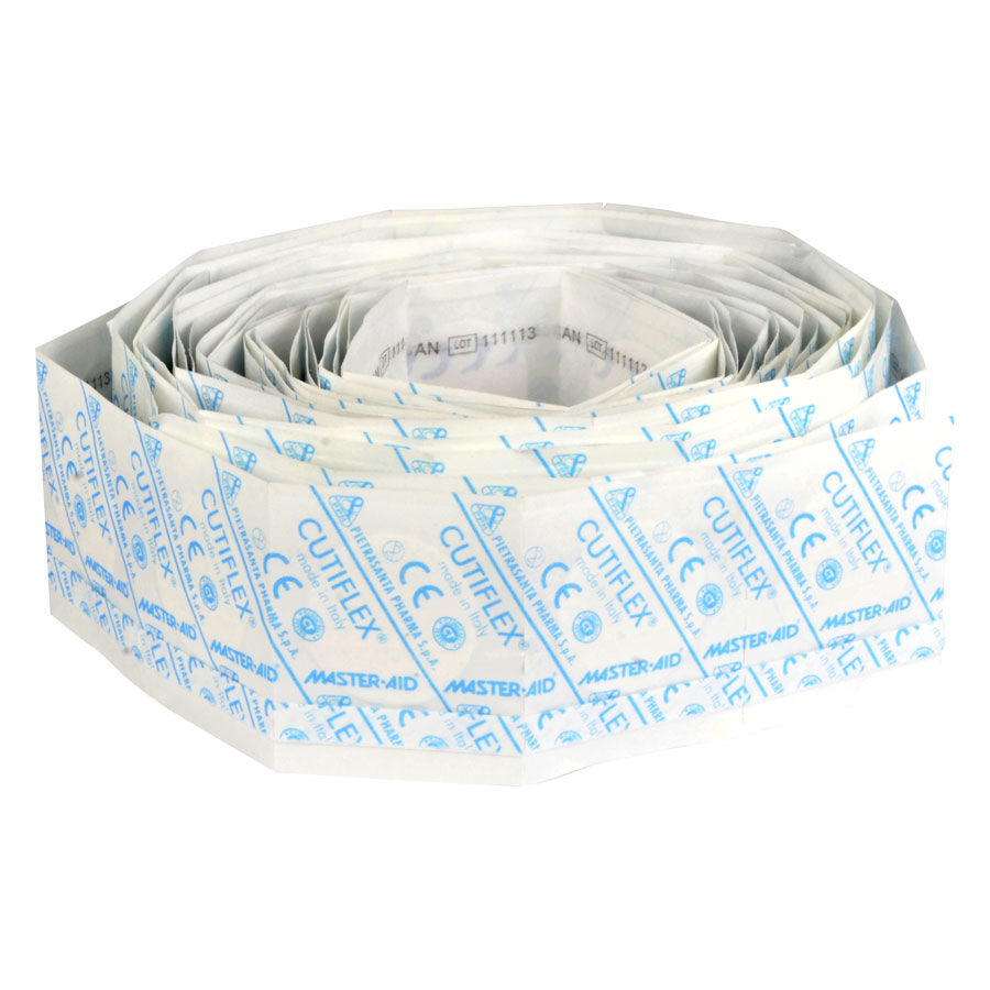 Master Aid - Cutiflex rond Pansements ronds Cutiflex de Master Aid, blancs avec écriture bleue sur fond blanc