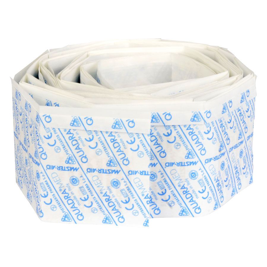 Quadra Med Square rouleau de pansements Rouleau de pansements blancs avec impression bleue Master Aid sur fond blanc