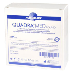 Emballage blanc avec détails bleus pour Quadra Med Rond Pansement 25mm