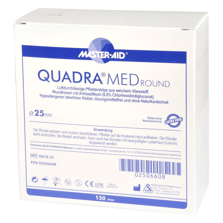 Quadra Med Rond Pansement 25mm Emballage blanc avec détails bleus pour Quadra Med Rond Pansement 25mm