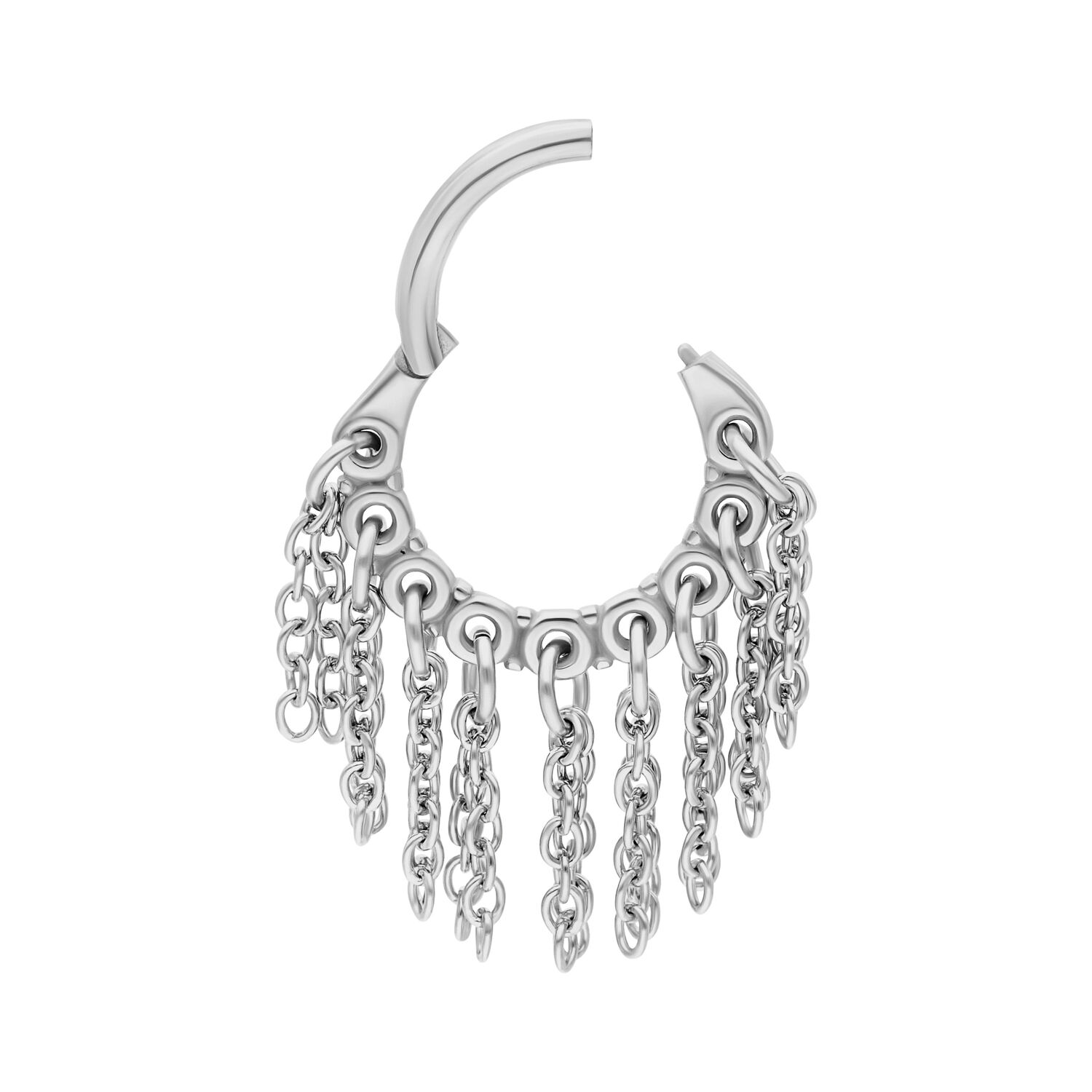 Clicker en argent Little Chains avec chaînes Anneau de piercing articulé en argent avec chaînes pendantes sur fond blanc