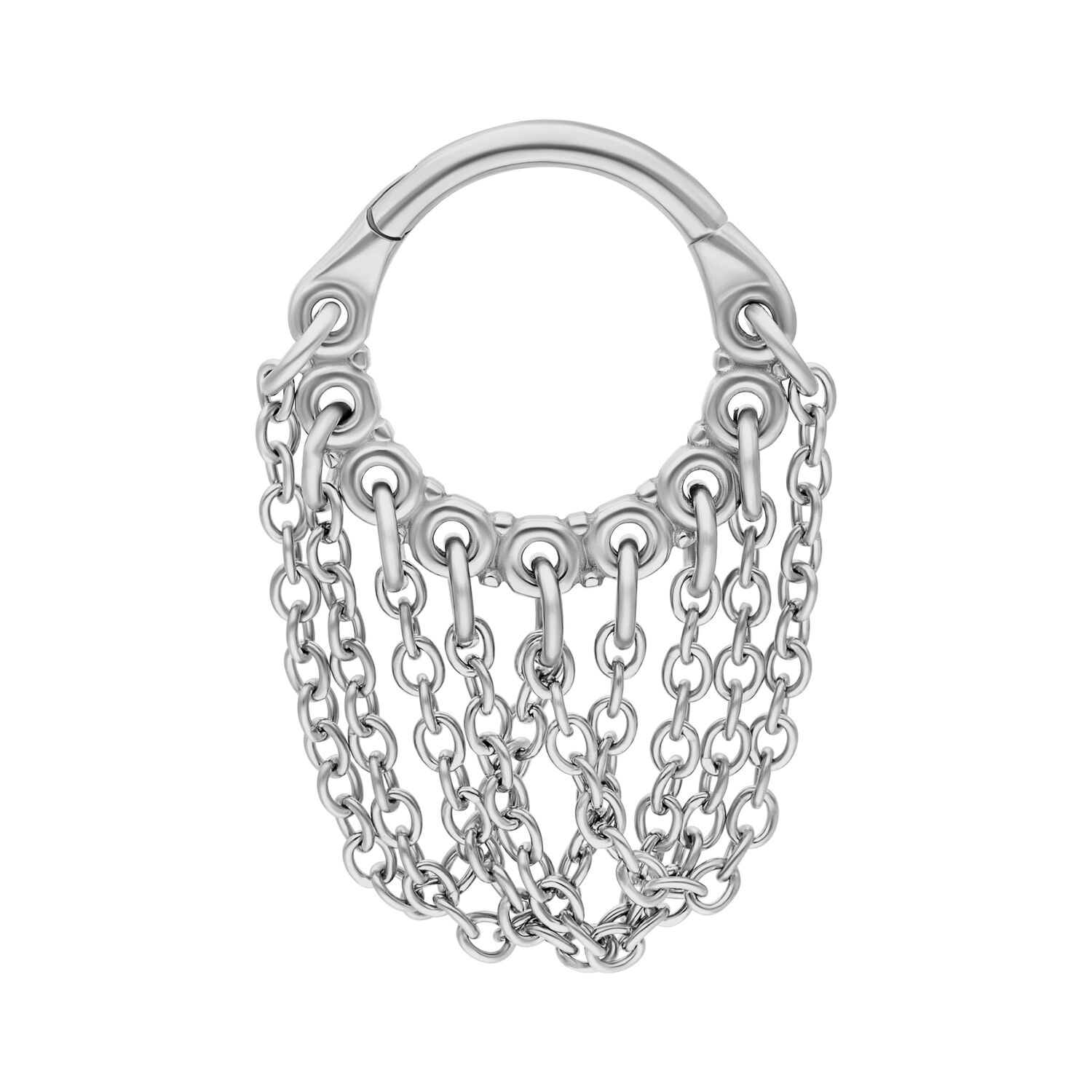 Clicker Piercing Chaînes Torsadées Argenté Anneau de piercing argenté avec plusieurs chaînes sur fond blanc
