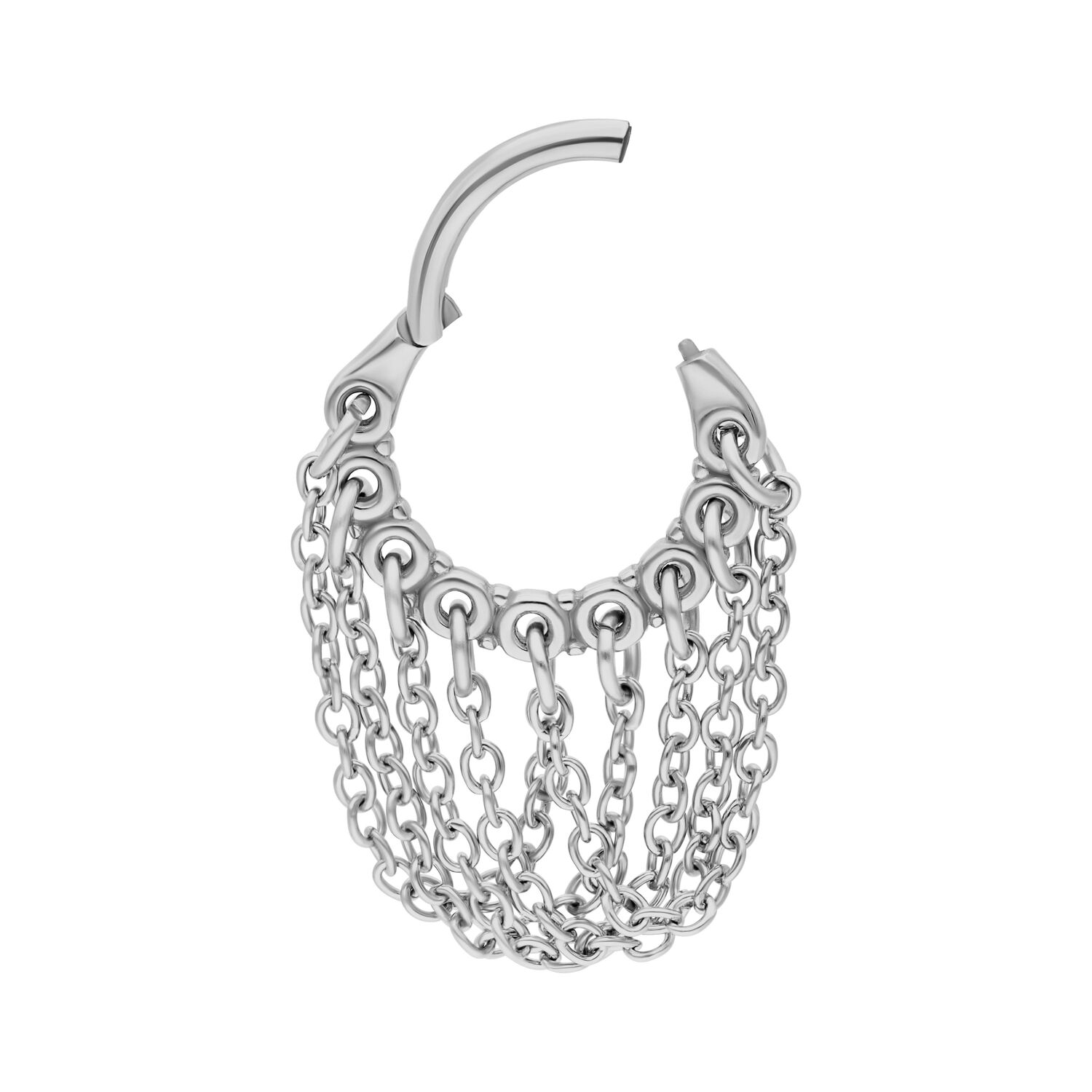 Clicker à Chaînes Torsadées en Argent Anneau de piercing argenté avec chaînes torsadées sur fond blanc