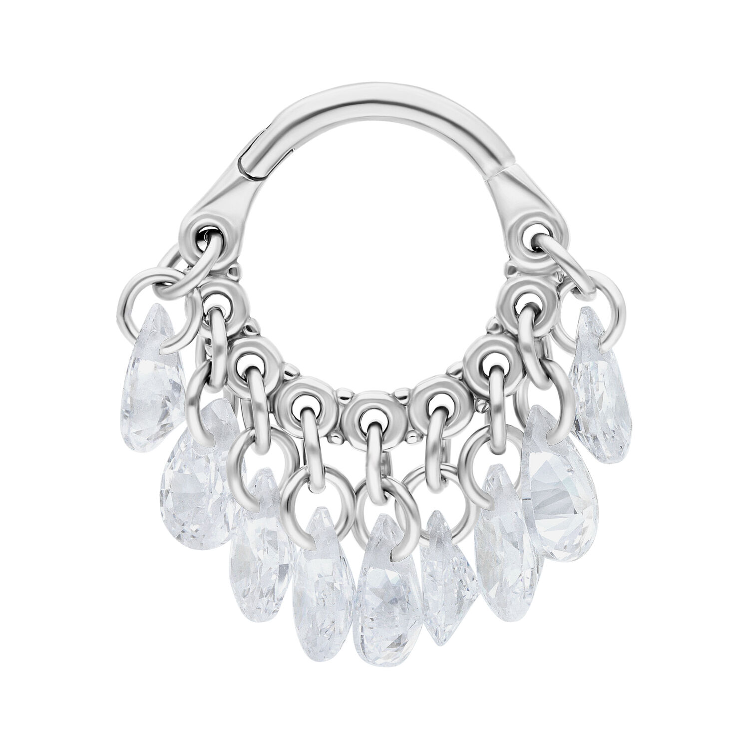 Anneau articulé avec cristaux en argent Anneau articulé en argent avec cristaux clairs suspendus sur fond blanc